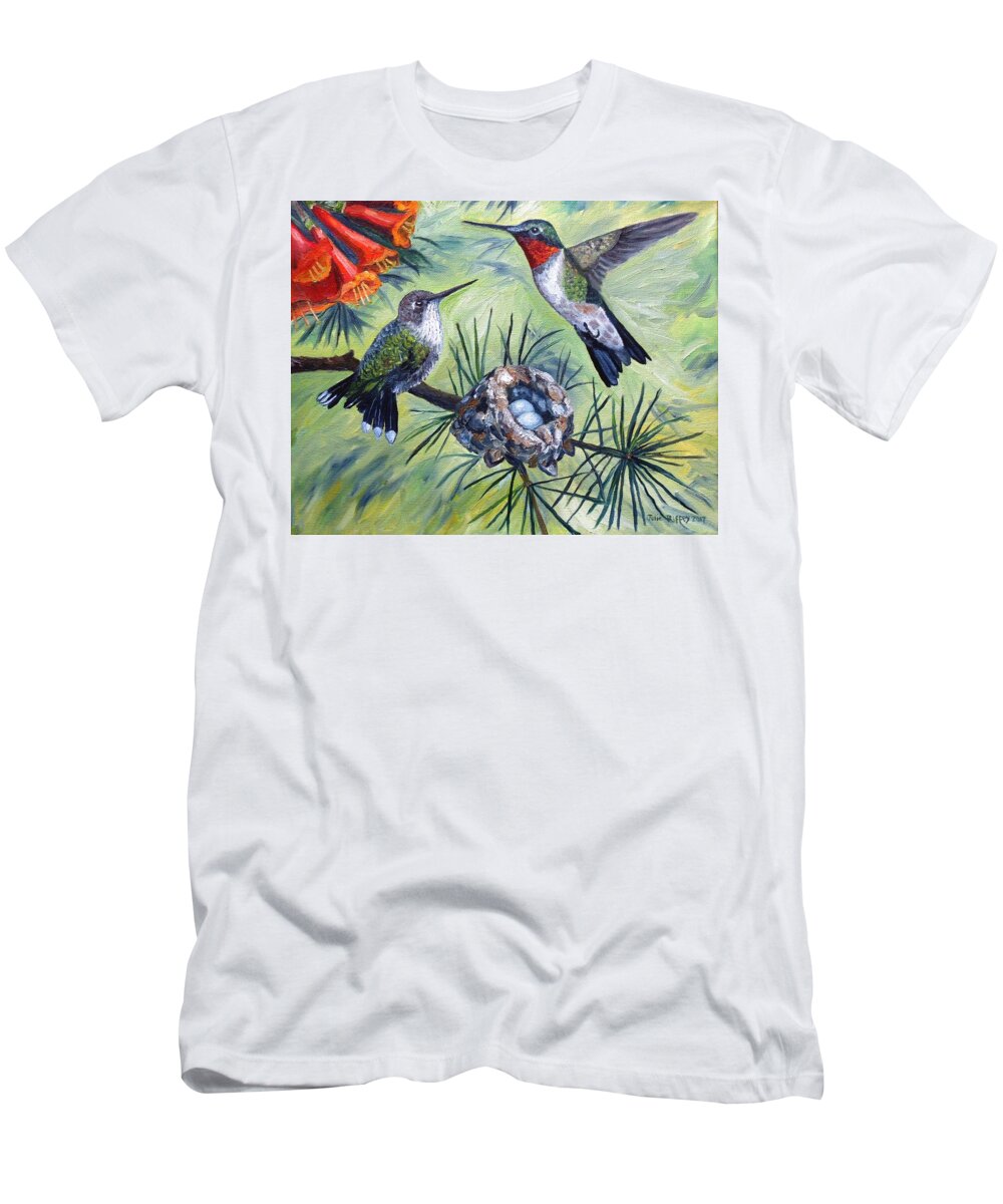 Hummingbirds T-Shirt featuring the painting Hummingbird Family by Julie Brugh Riffey
