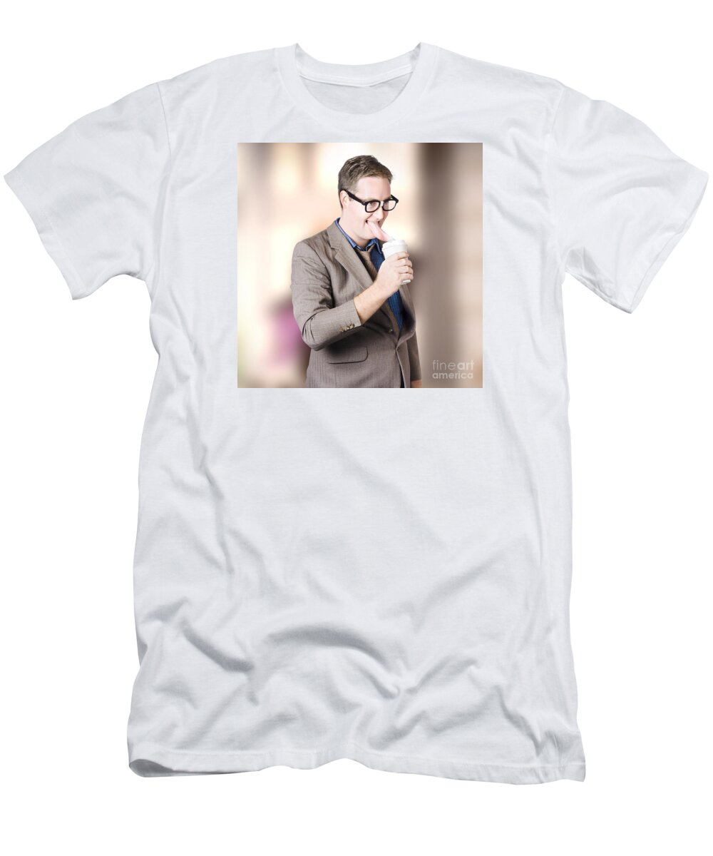 Coffee T-Shirt featuring the photograph Humorous businessman licking top of coffee cup by Jorgo Photography