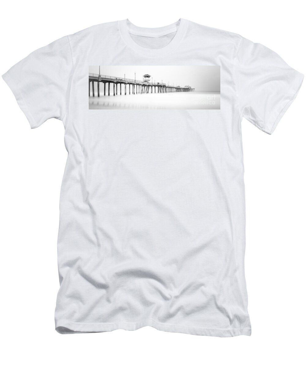 America T-Shirt featuring the photograph Huntington Beach Pier Panorama in Black and White by Paul Velgos