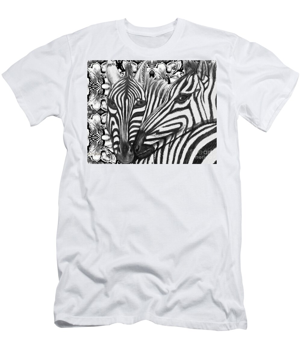 Bold Black And White Zebra Work Ale Zebra Nuzzling Female Affection Evident In Their Eyes Black And White Floral Motif Perfect Complement Nature Scene Animal Works Acrylic With Digital Effects T-Shirt featuring the painting I Am So Into You Zebra Love by Kimberlee Baxter