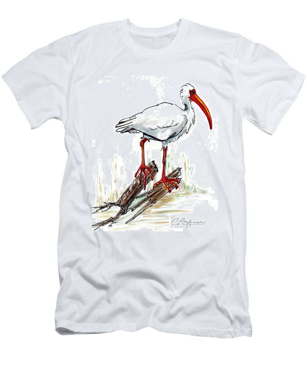 Ibis T-Shirt featuring the drawing Ibis on a perch by Carol Allen Anfinsen