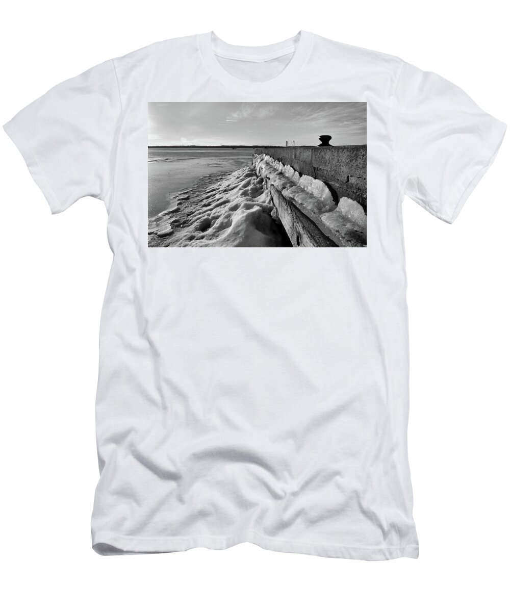 Abstract T-Shirt featuring the photograph Ice Beside The Dock BW by Lyle Crump