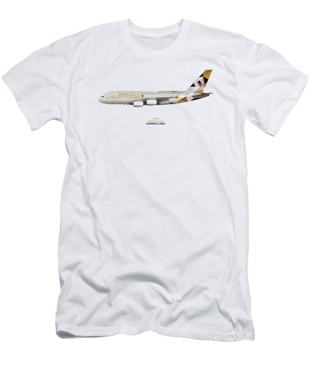 Airbus T-Shirt featuring the digital art Illustration of Etihad Airways Airbus A380 by Steve H Clark Photography