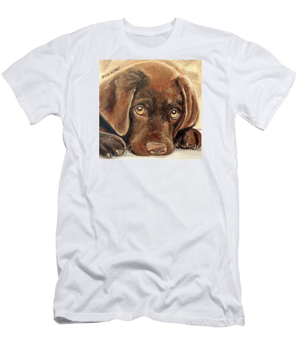 Chocolate Lab T-Shirt featuring the painting I'm Sorry - Chocolate Lab Puppy by Julie Brugh Riffey