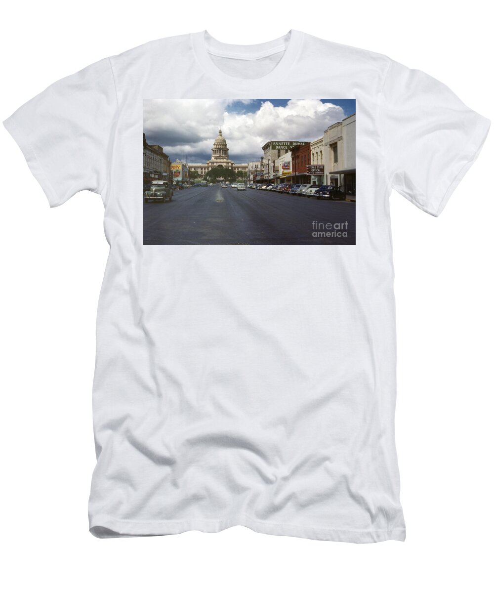 Historical T-Shirt featuring the photograph In this historical 1950 photo, cars line up and down Congress Avenue in downtown Austin, Texas by Dan Herron