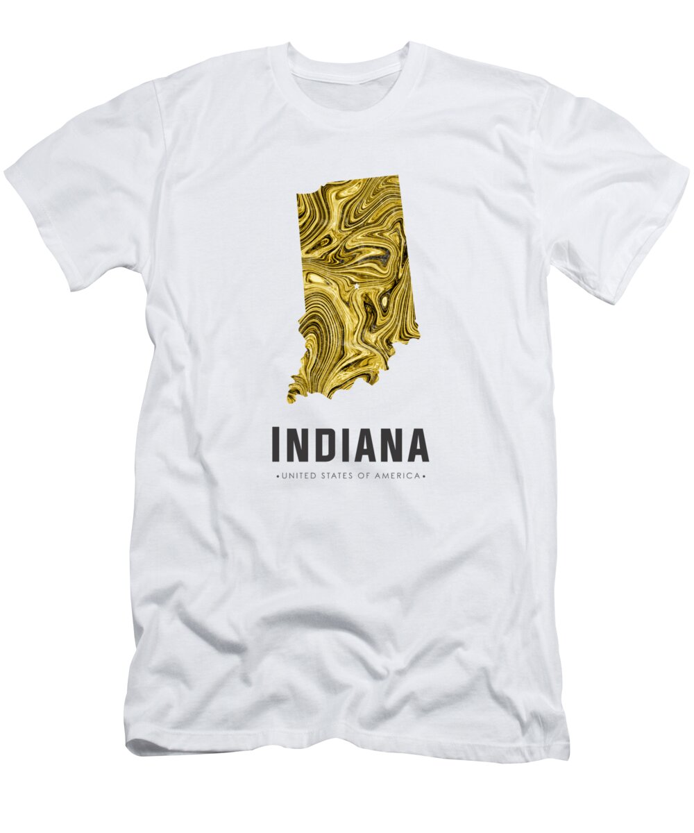 Indiana T-Shirt featuring the mixed media Indiana Map Art Abstract in Gold Yellow by Studio Grafiikka