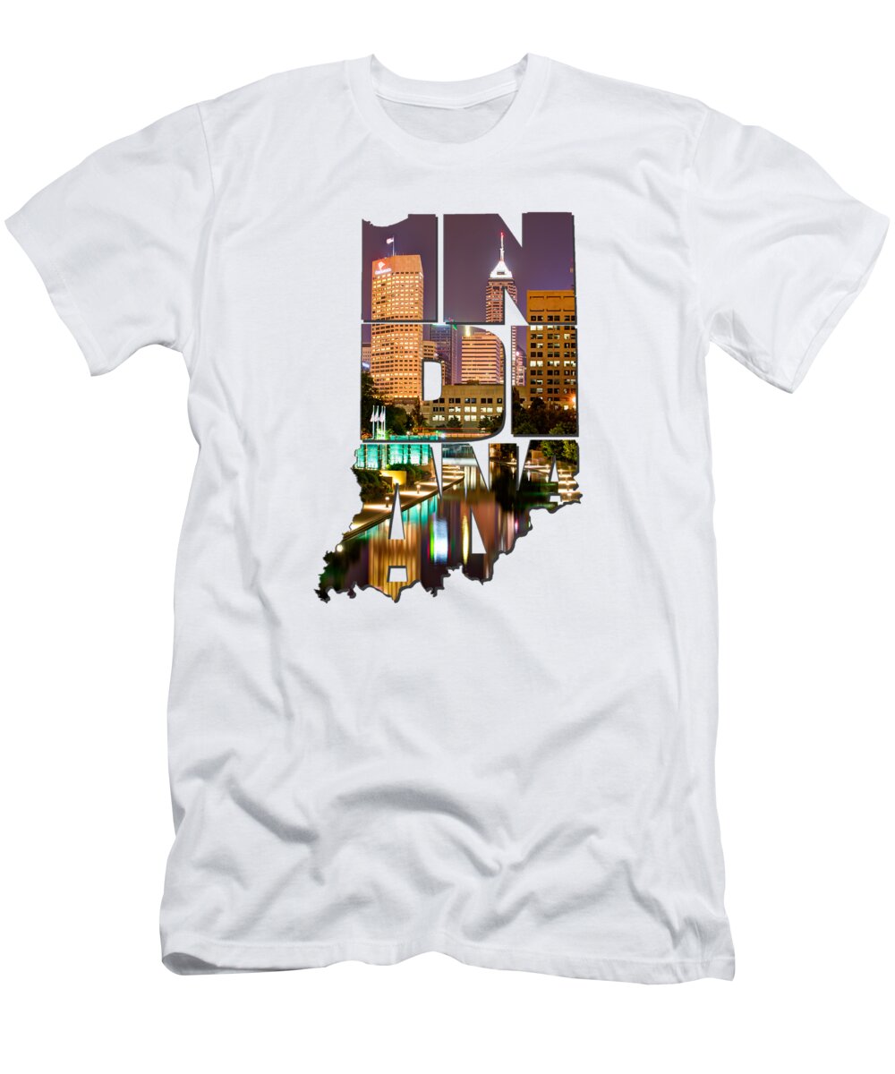 Typography T-Shirt featuring the photograph Indiana Typography - Indianapolis Skyline - Canal Walk Bridge View by Gregory Ballos