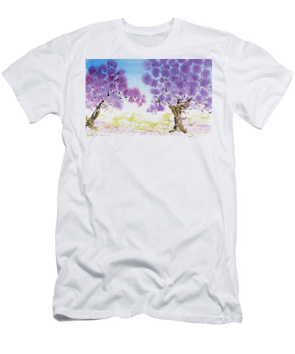 Argentina T-Shirt featuring the painting Jacaranda trees blooming in Buenos Aires, Argentina by Dorothy Darden