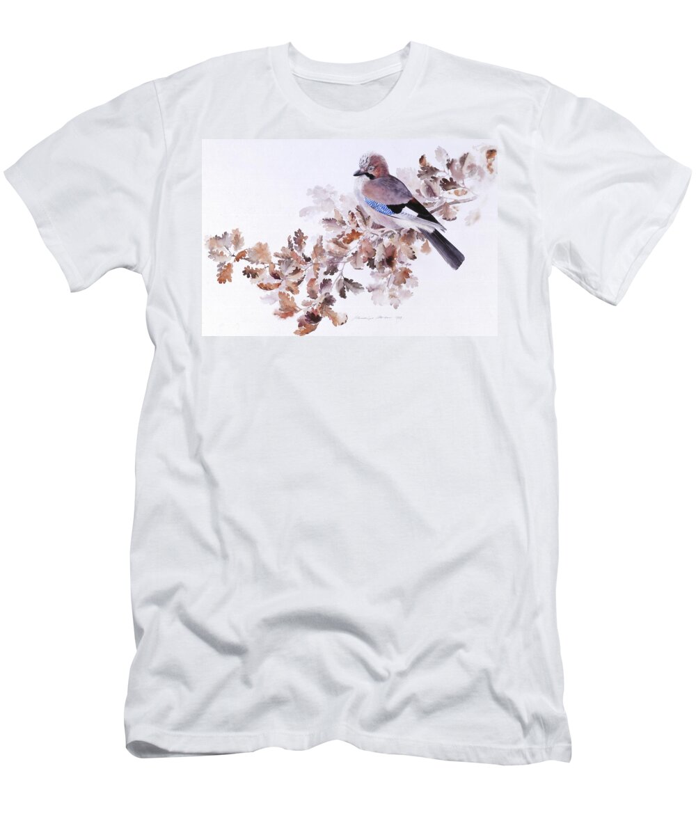 Jay T-Shirt featuring the painting Jay on a Dried Oak Branch by Attila Meszlenyi