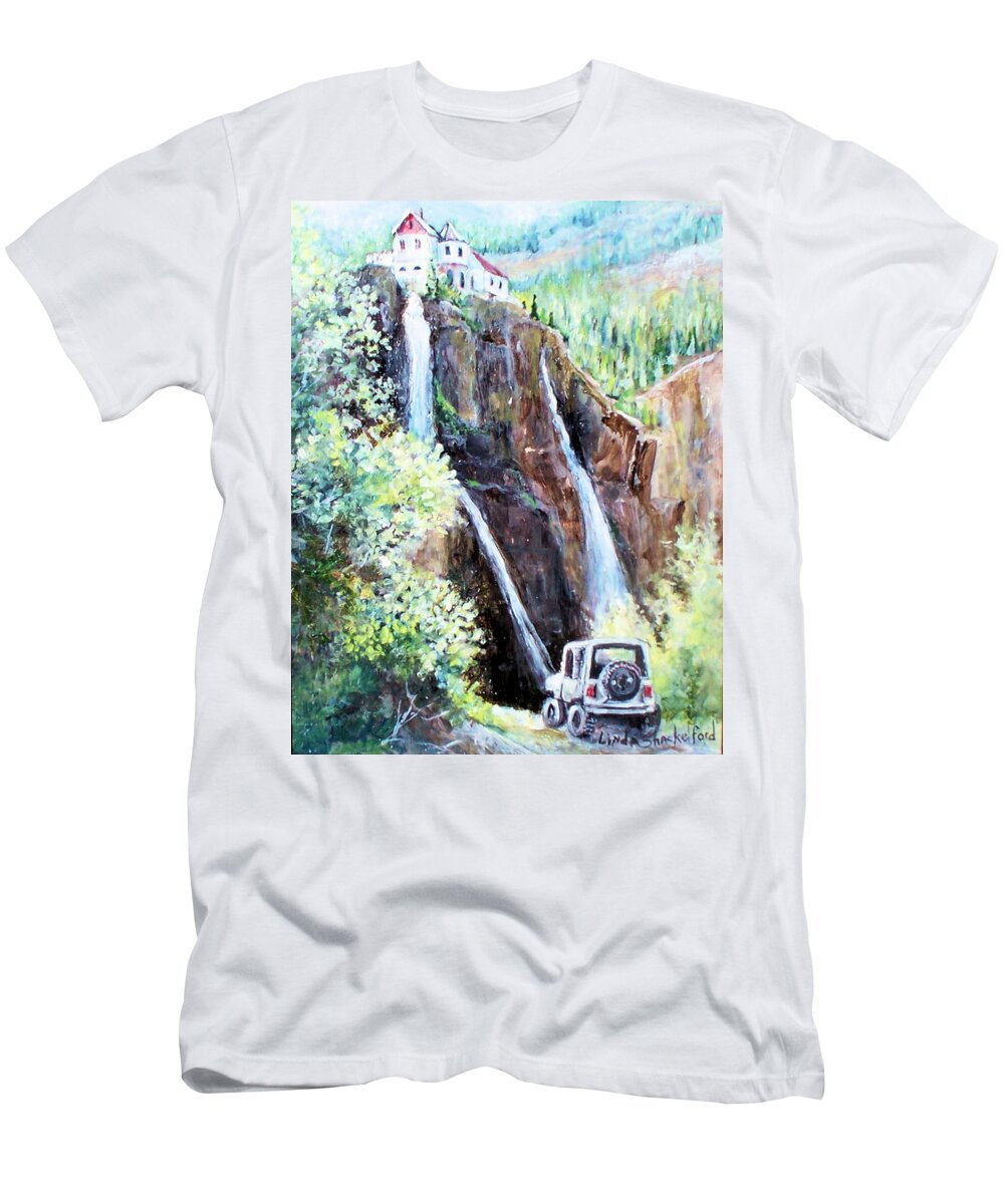 Waterfall T-Shirt featuring the painting Jeeping at Bridal Falls by Linda Shackelford