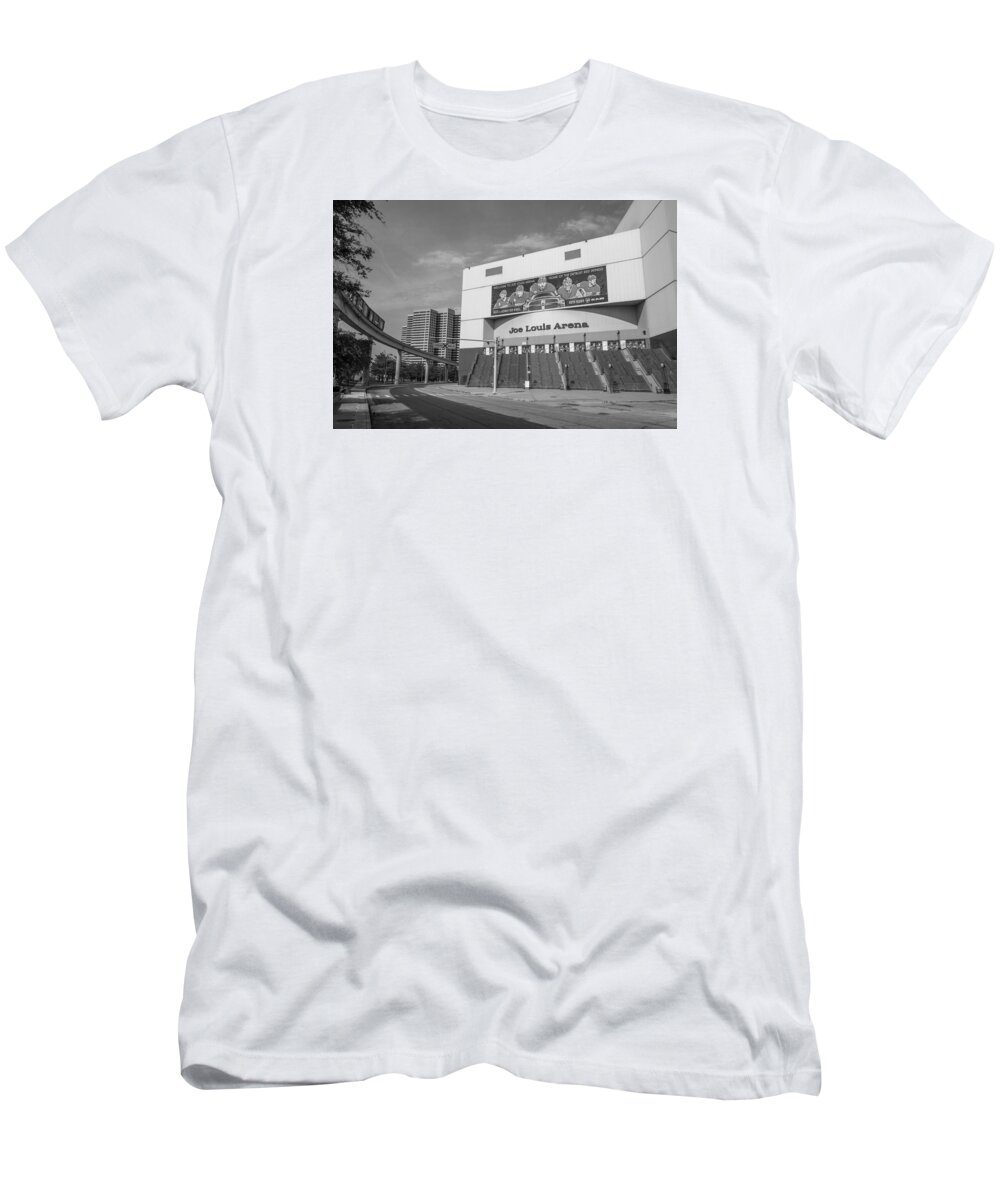 Detroit T-Shirt featuring the photograph Joe Louis Arena Black and White by John McGraw
