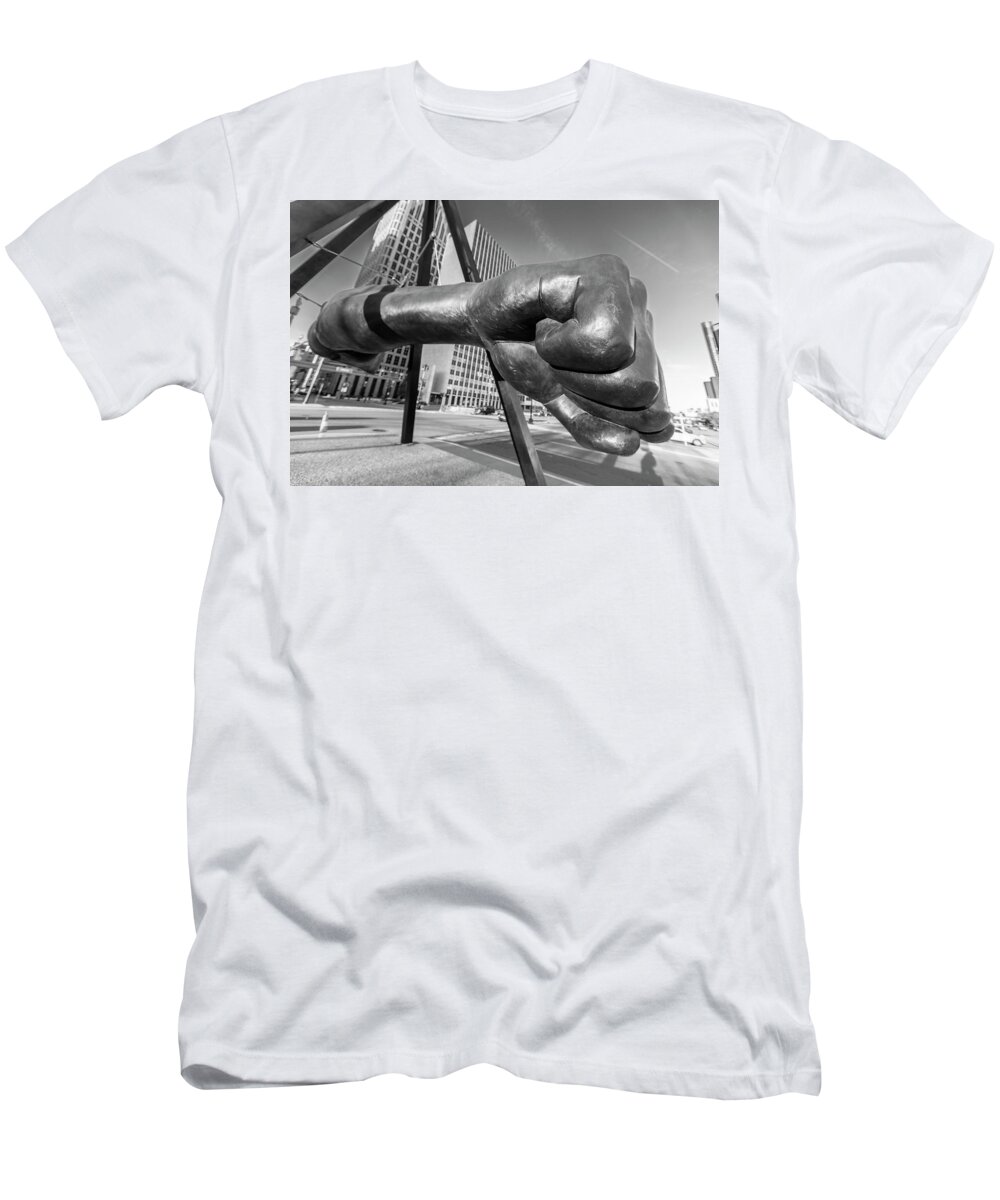 Detroit T-Shirt featuring the photograph Joe Louis Fist Black and White 1 by John McGraw