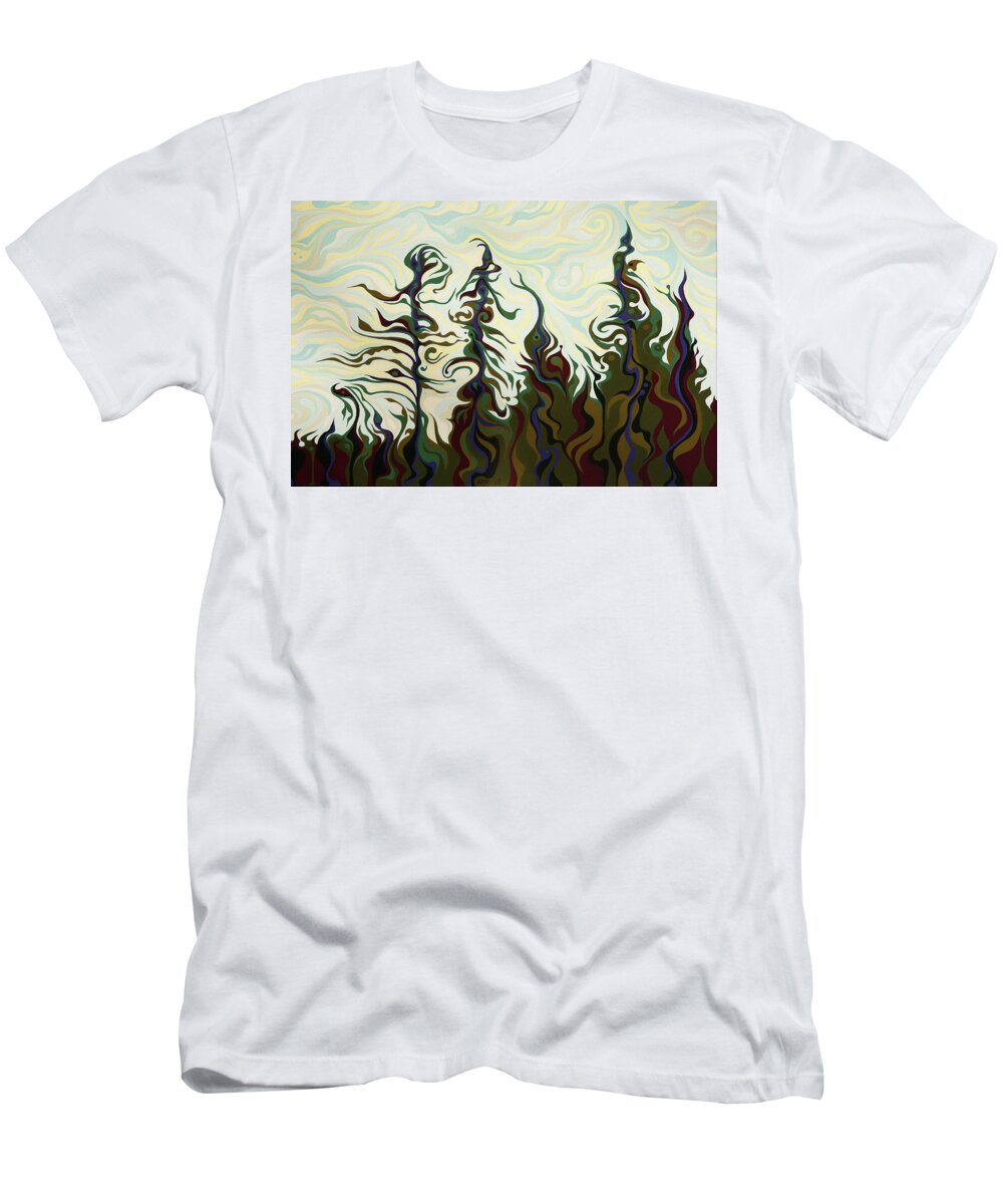 Tree T-Shirt featuring the painting Joyful Pines, Whispering Lines by Amy Ferrari