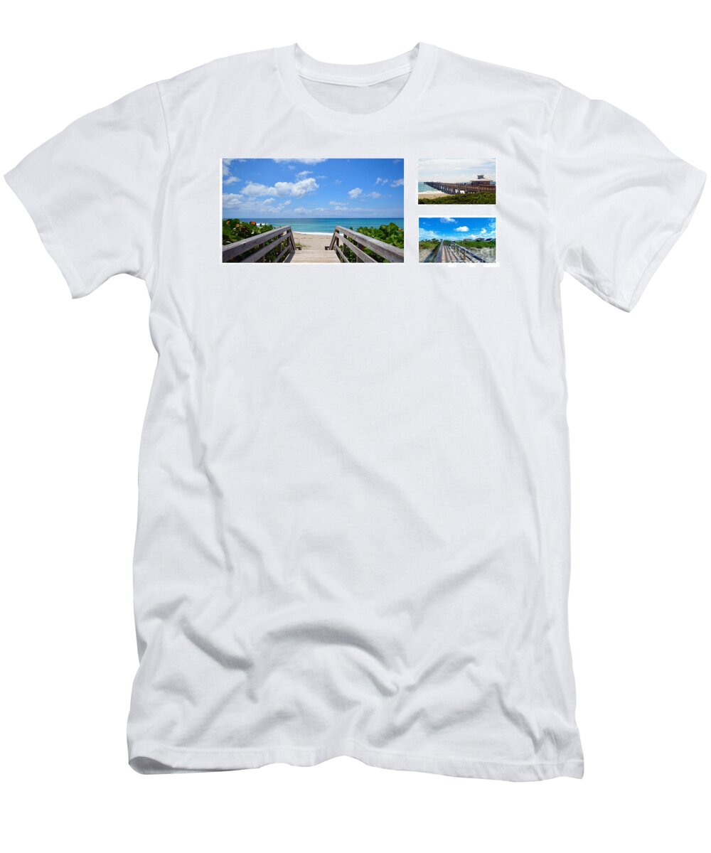 Beach T-Shirt featuring the photograph Juno Beach Pier Florida Seascape Collage 5 by Ricardos Creations