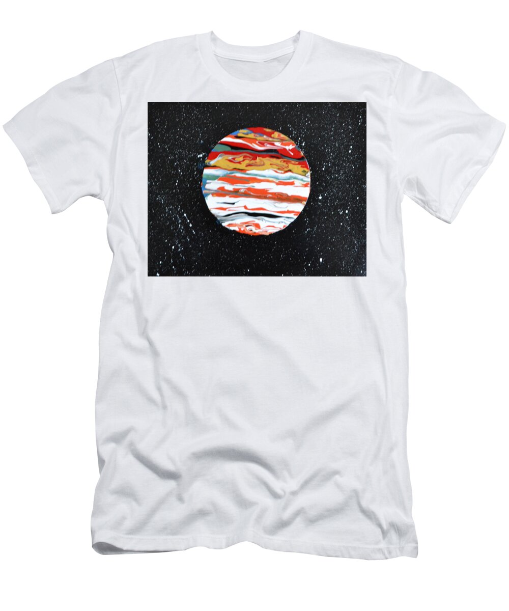 This Is A Abstract Painting Of The Planet Jupiter. The Flow Technique Was Used With Acrylic Colors. The Five Acrylic Colors Used Were Poured In A Circle Area Tilted To Get This Affect. The Distant White Stars Were Also Included In This Painting. T-Shirt featuring the painting Jupiter by Martin Schmidt