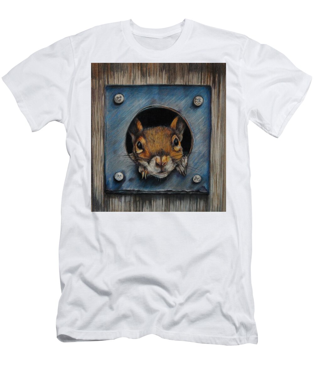 Squirrel T-Shirt featuring the drawing Just Hanging Out by Jean Cormier