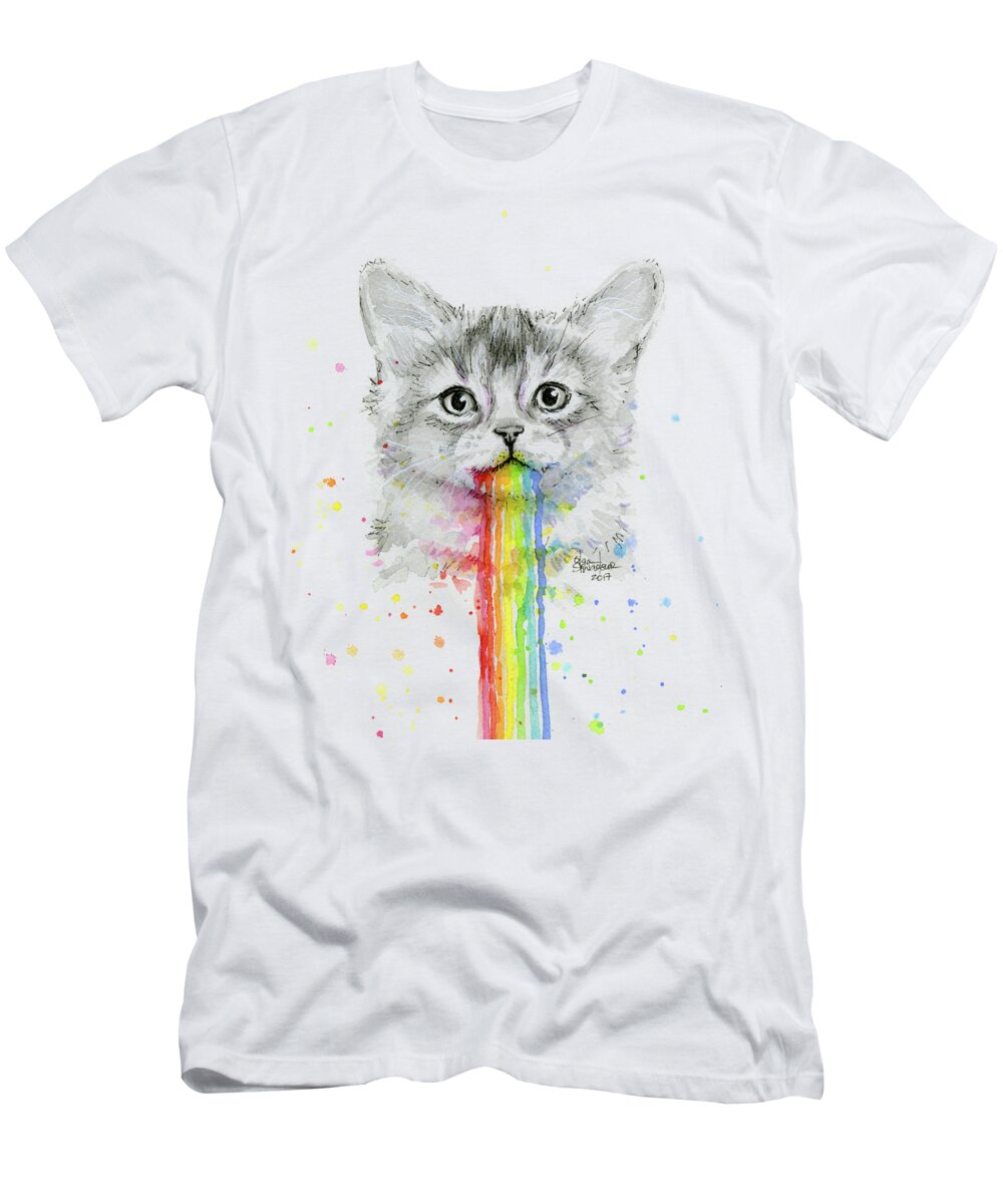Kitten T-Shirt featuring the painting Kitten Puking Rainbows by Olga Shvartsur