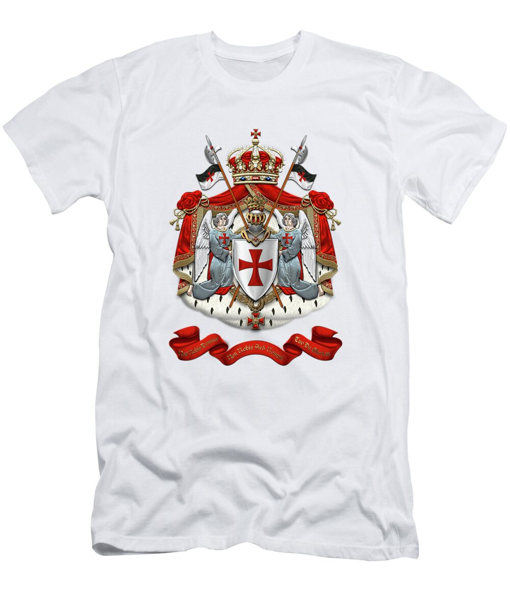 'ancient Brotherhoods' Collection By Serge Averbukh T-Shirt featuring the digital art Knights Templar - Coat of Arms over White Leather by Serge Averbukh