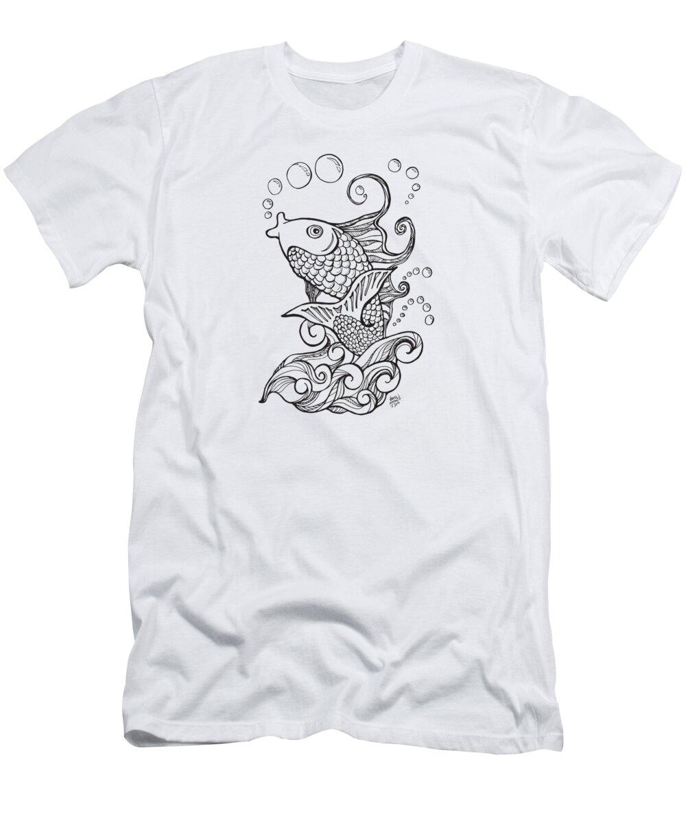 Koi T-Shirt featuring the drawing Koi Fish and Water Waves by Laura Ostrowski