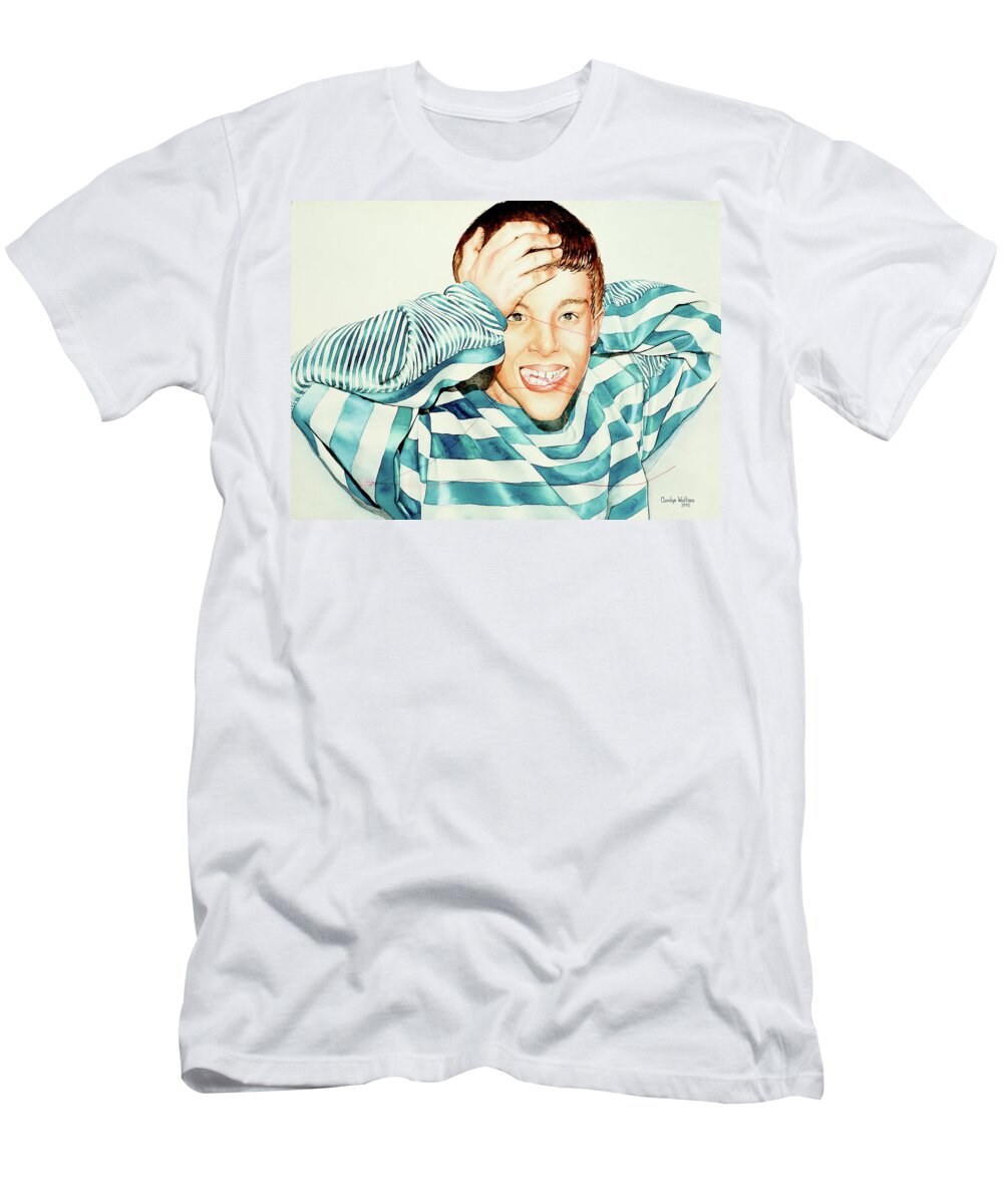 Portrait T-Shirt featuring the painting Kyle's Smile or Fragile X Stressed by Carolyn Coffey Wallace