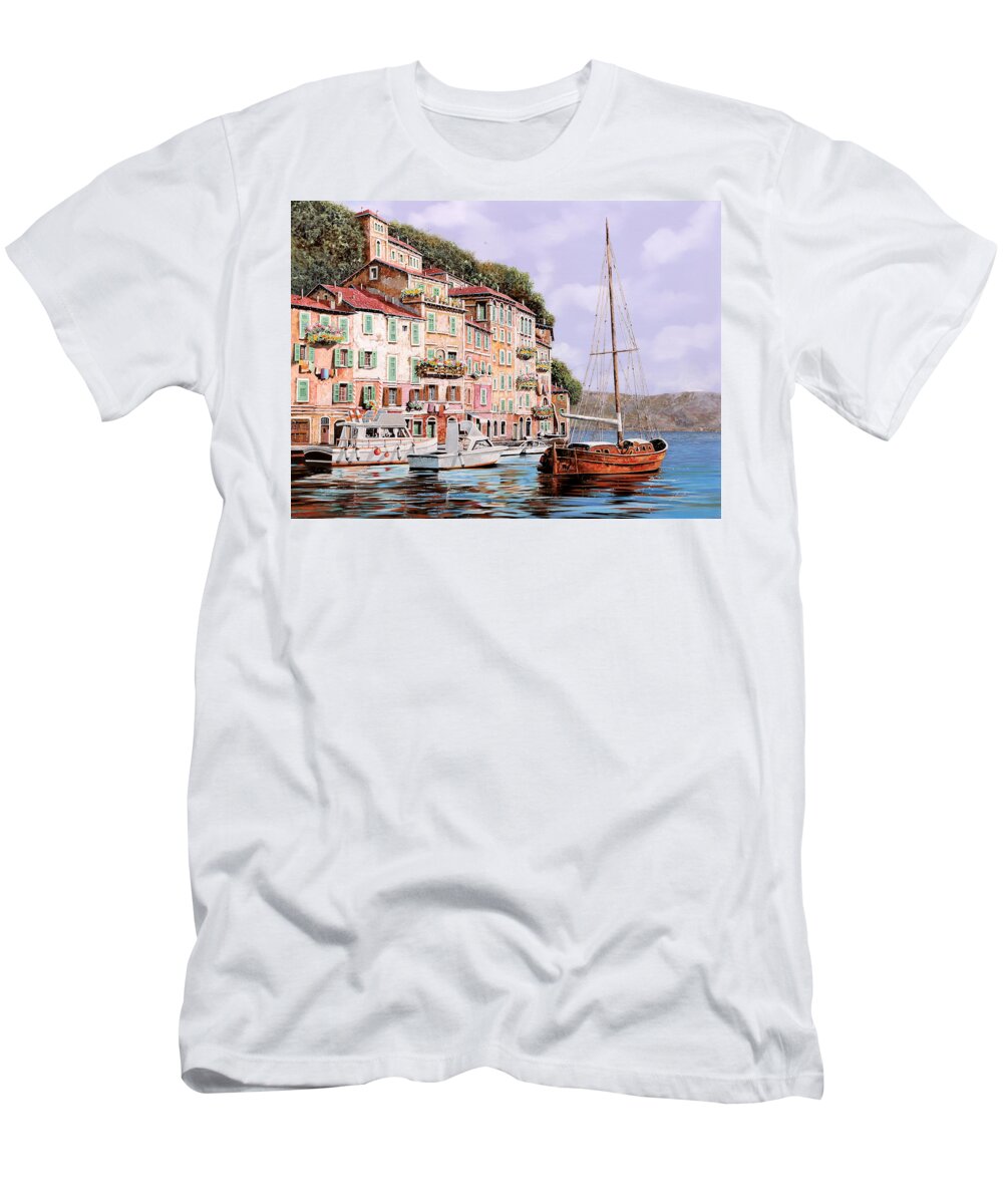 Landscape T-Shirt featuring the painting la barca rossa a Portofino by Guido Borelli