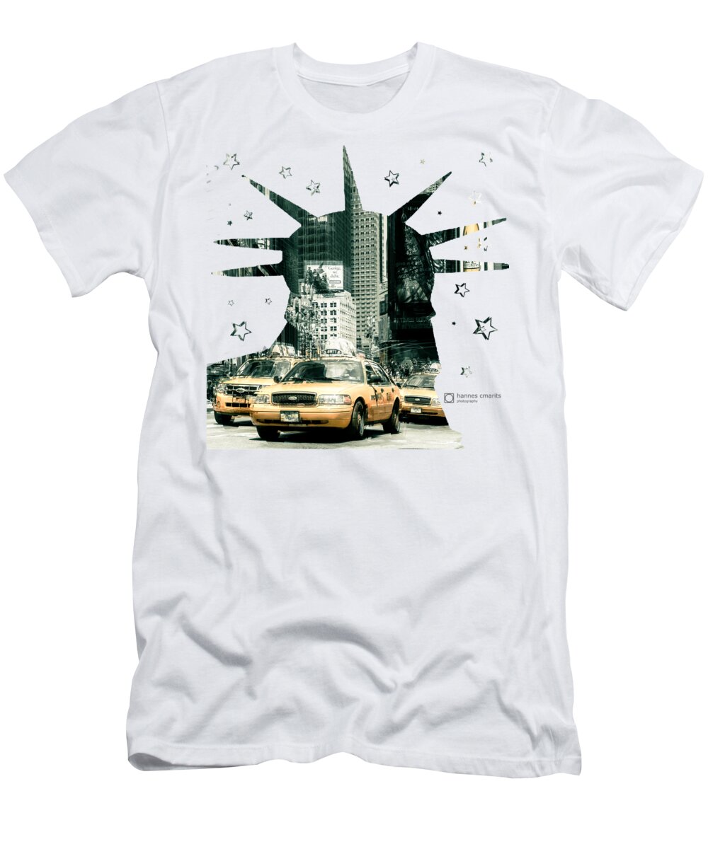 Graphical T-Shirt featuring the photograph Lady Liberty And The Yellow Cabs by Hannes Cmarits