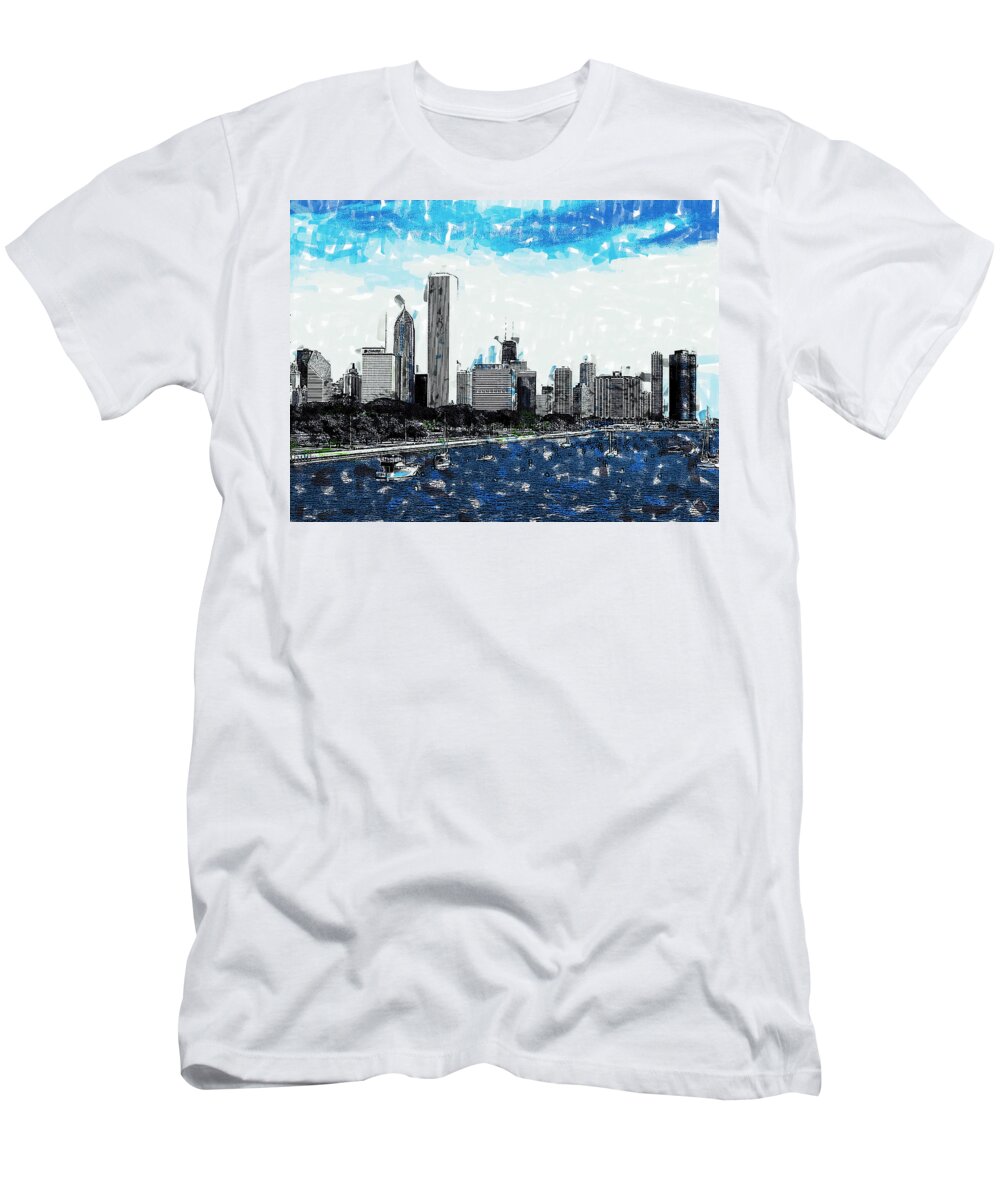 Lake Michigan And The Chicago Skyline T-Shirt featuring the painting Lake Michigan and the Chicago Skyline by Dean Wittle