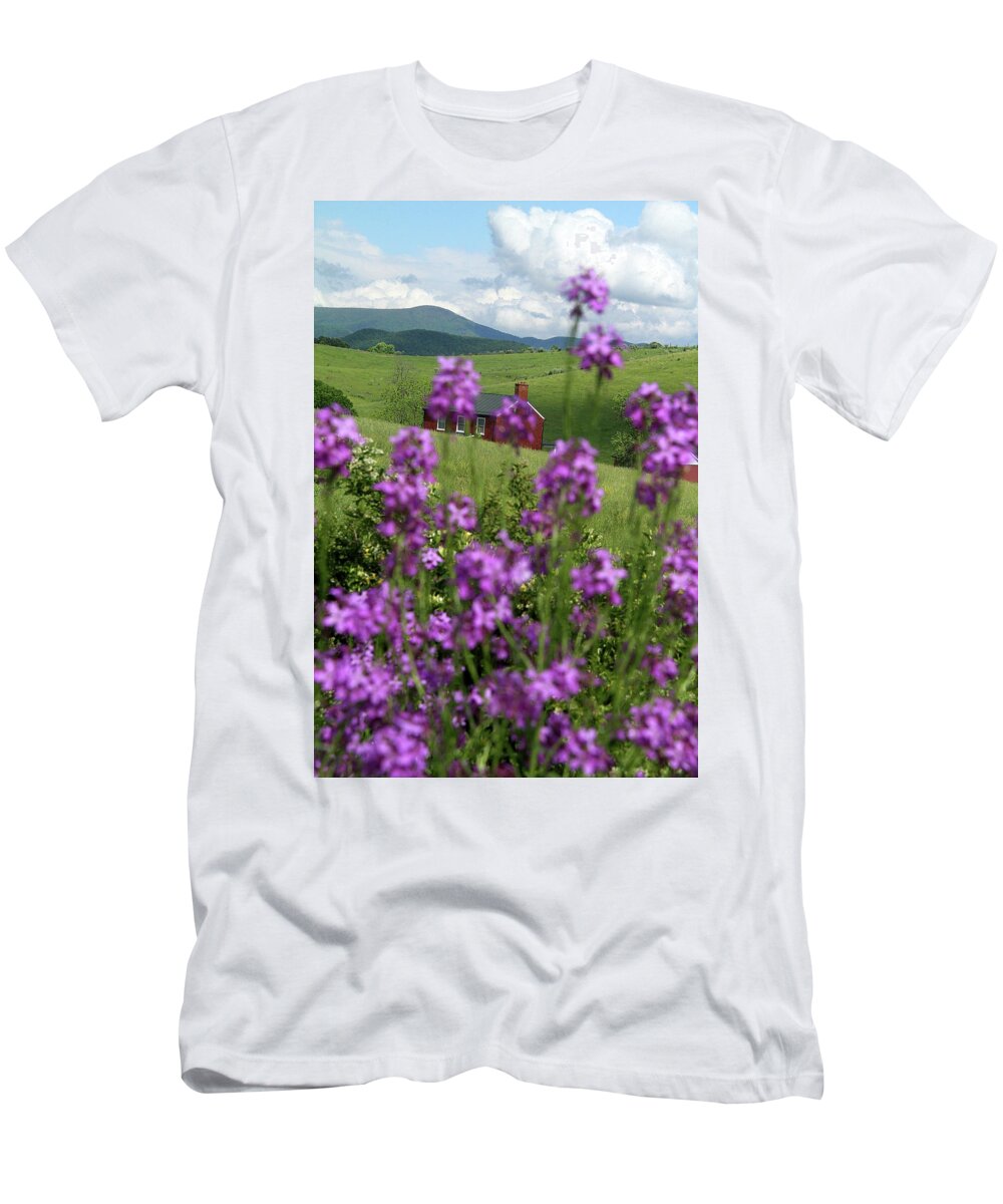 Grass T-Shirt featuring the photograph Landscape with purple flowers in Virginia by Emanuel Tanjala
