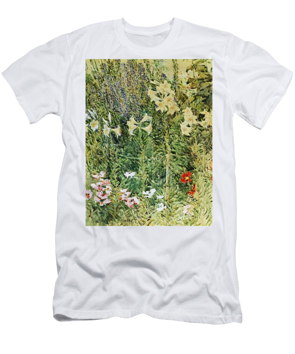 Childe T-Shirt featuring the painting Larkspurs and Lillies, 1893 by Childe Hassam