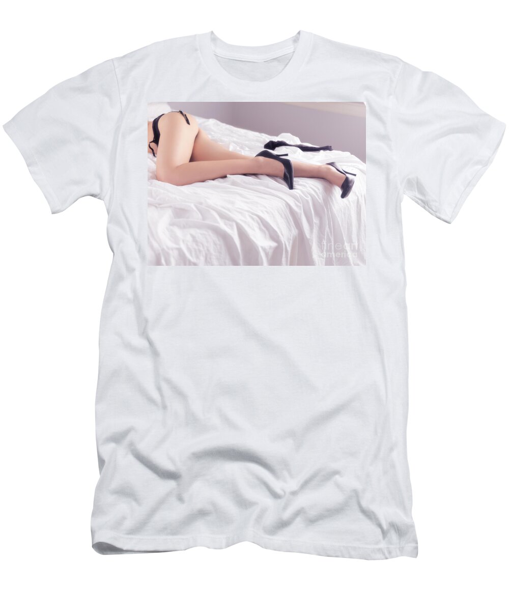 Legs of sexy half-naked woman lying in bed T-Shirt by Maxim Images Exquisite Prints