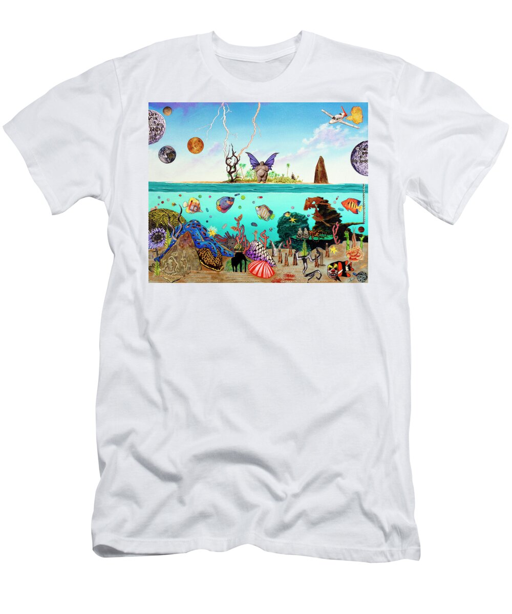 Fish T-Shirt featuring the mixed media Let's Look the Problem Right in the Eye/Crawl from the Wreckage by Sue Brehm