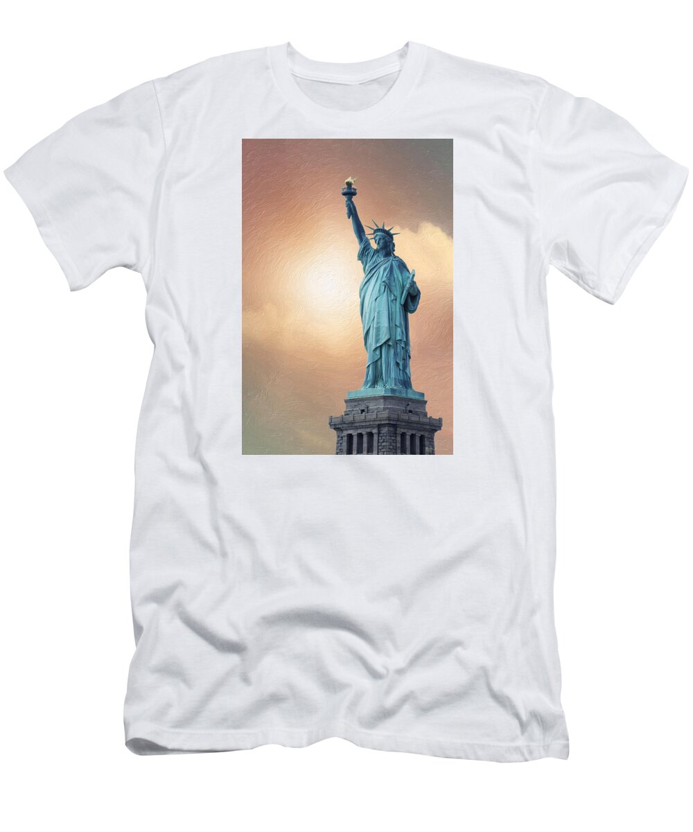 'cityscapes And Skylines' Collection By Serge Averbukh T-Shirt featuring the digital art Liberty Enlightening the World by Serge Averbukh