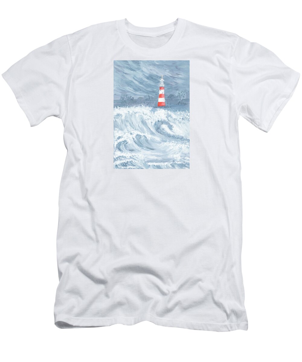 Lighthouse T-Shirt featuring the painting Lighthouse in a Storm by Laura Richards