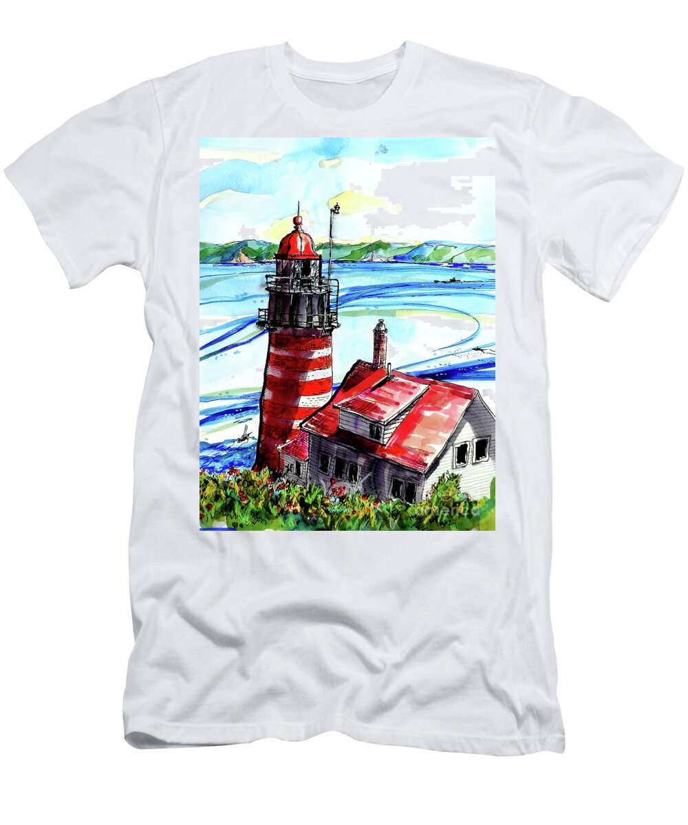 Maine T-Shirt featuring the painting Lighthouse In Maine by Terry Banderas