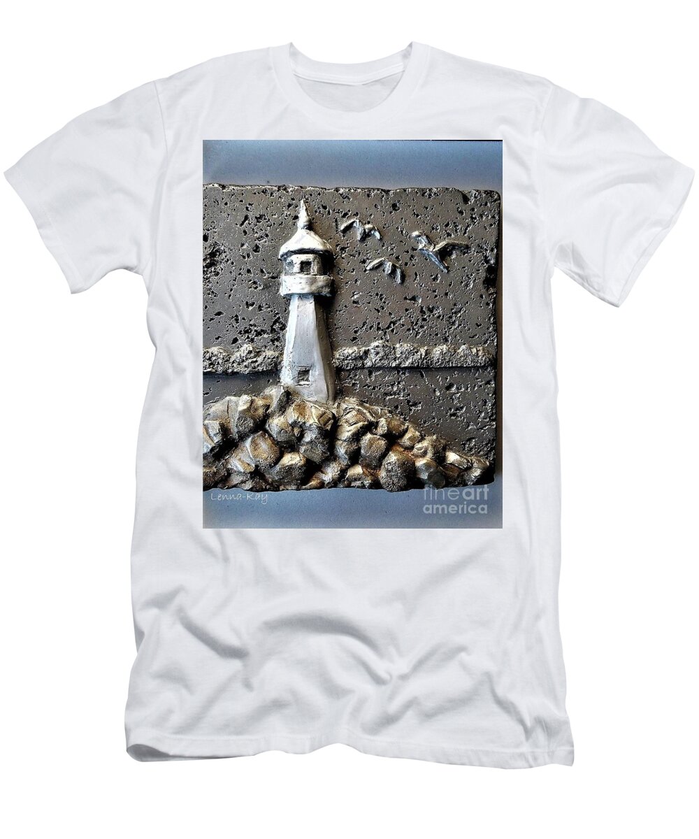 Lighthouse.....michigan.....handsculpted....tile.....ships....boats....unique....creative...... T-Shirt featuring the relief Lighthouse by Lenna Kay