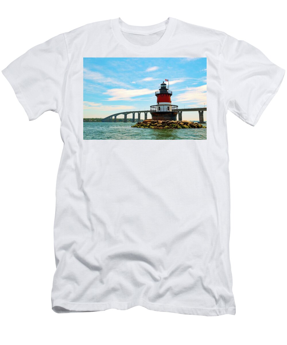 Jamestown Bridge Ri Rhode Island Boating Sailing Boat Light House Lighthouse Atlantic Ocean Sea Seaside Water Outside Outdoors American Flag U.s.a. Usa Newengland New England Sky Clouds Brian Hale Brianhalephoto T-Shirt featuring the photograph Lighthouse on a Small Island by Brian Hale