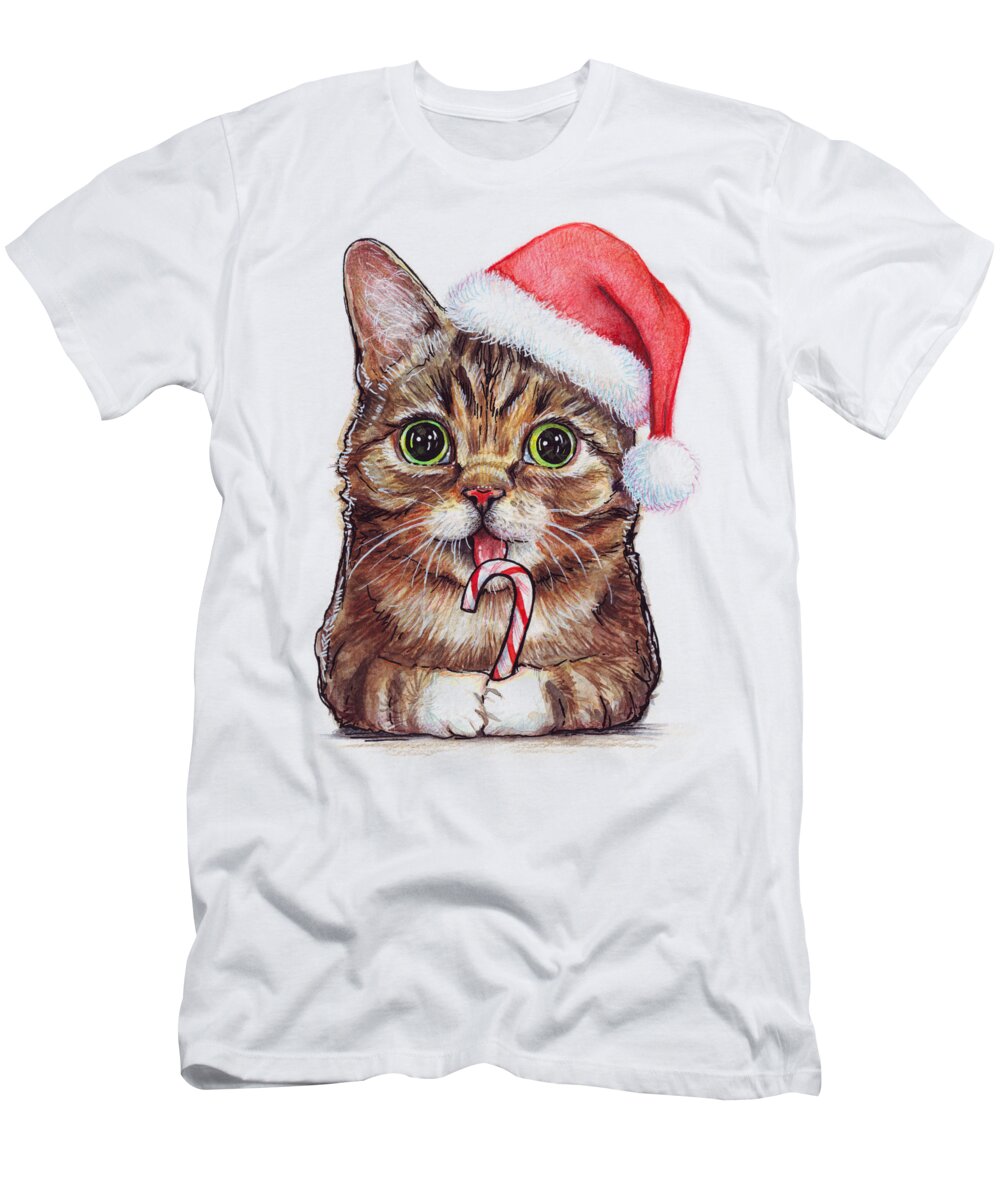 Lil Bub T-Shirt featuring the painting Cat Santa Christmas Animal by Olga Shvartsur