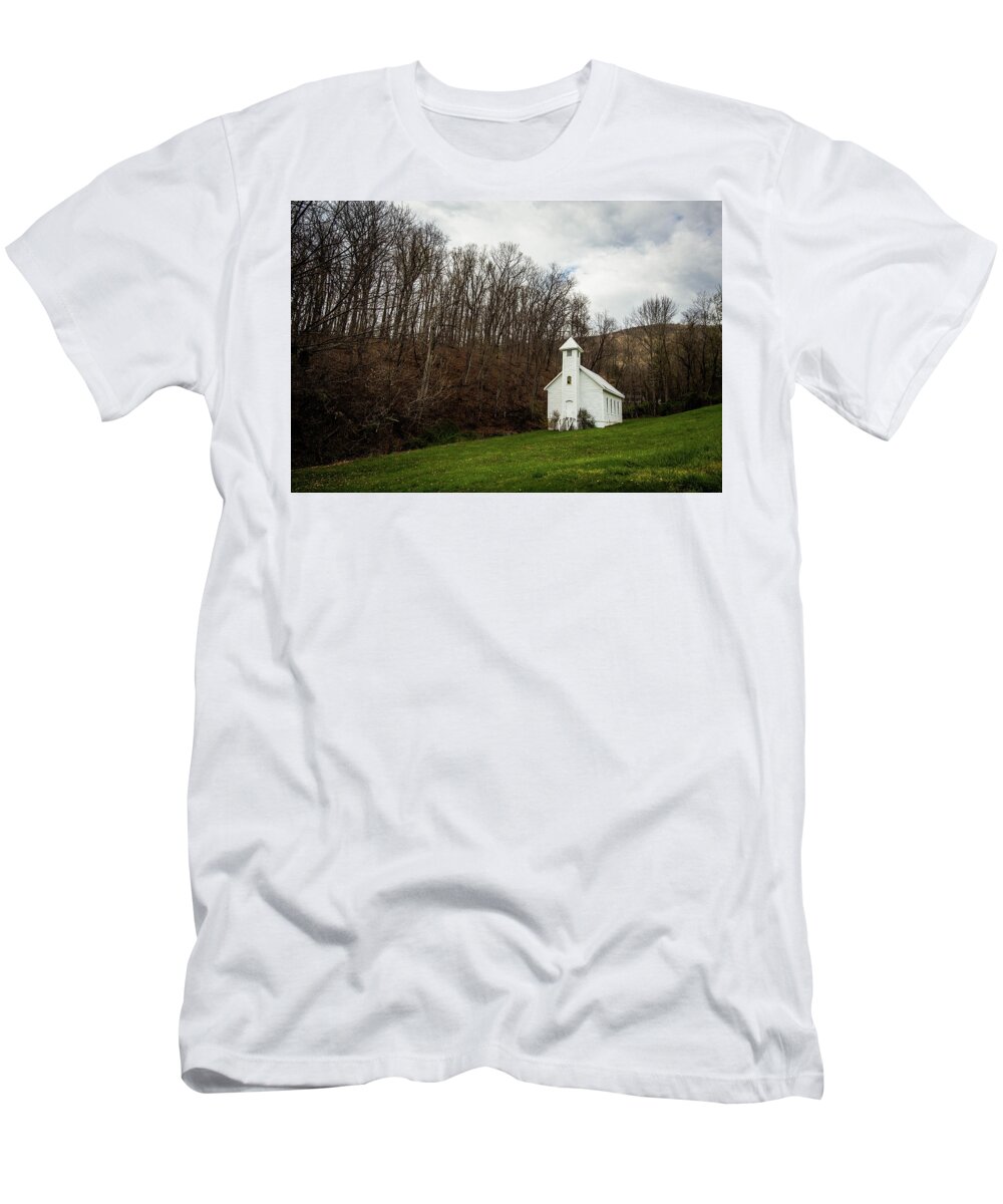 White Church T-Shirt featuring the photograph Little Church On The Hill by Cynthia Wolfe