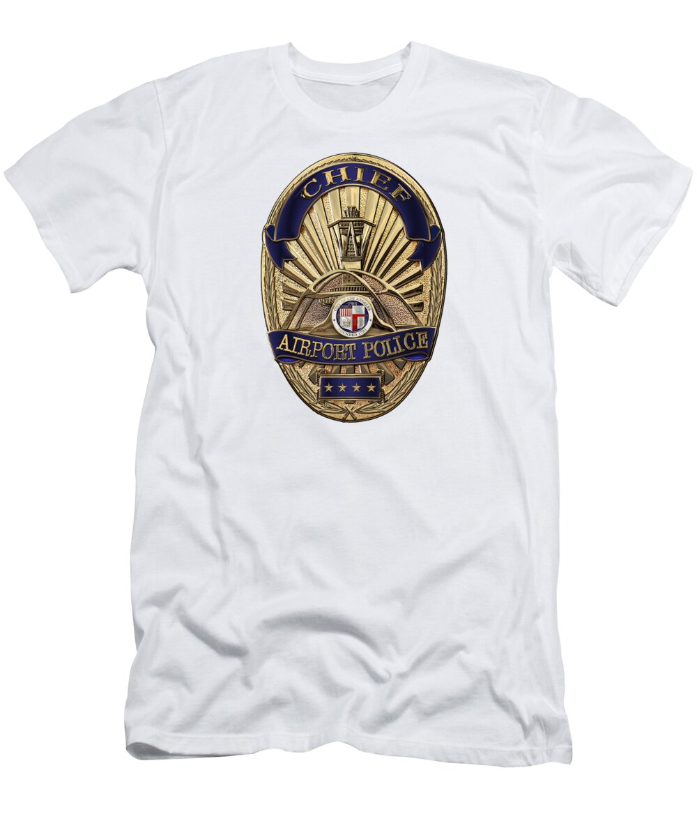 'law Enforcement Insignia & Heraldry' Collection By Serge Averbukh T-Shirt featuring the digital art Los Angeles Airport Police Division - L A X P D Chief Badge over White Leather by Serge Averbukh