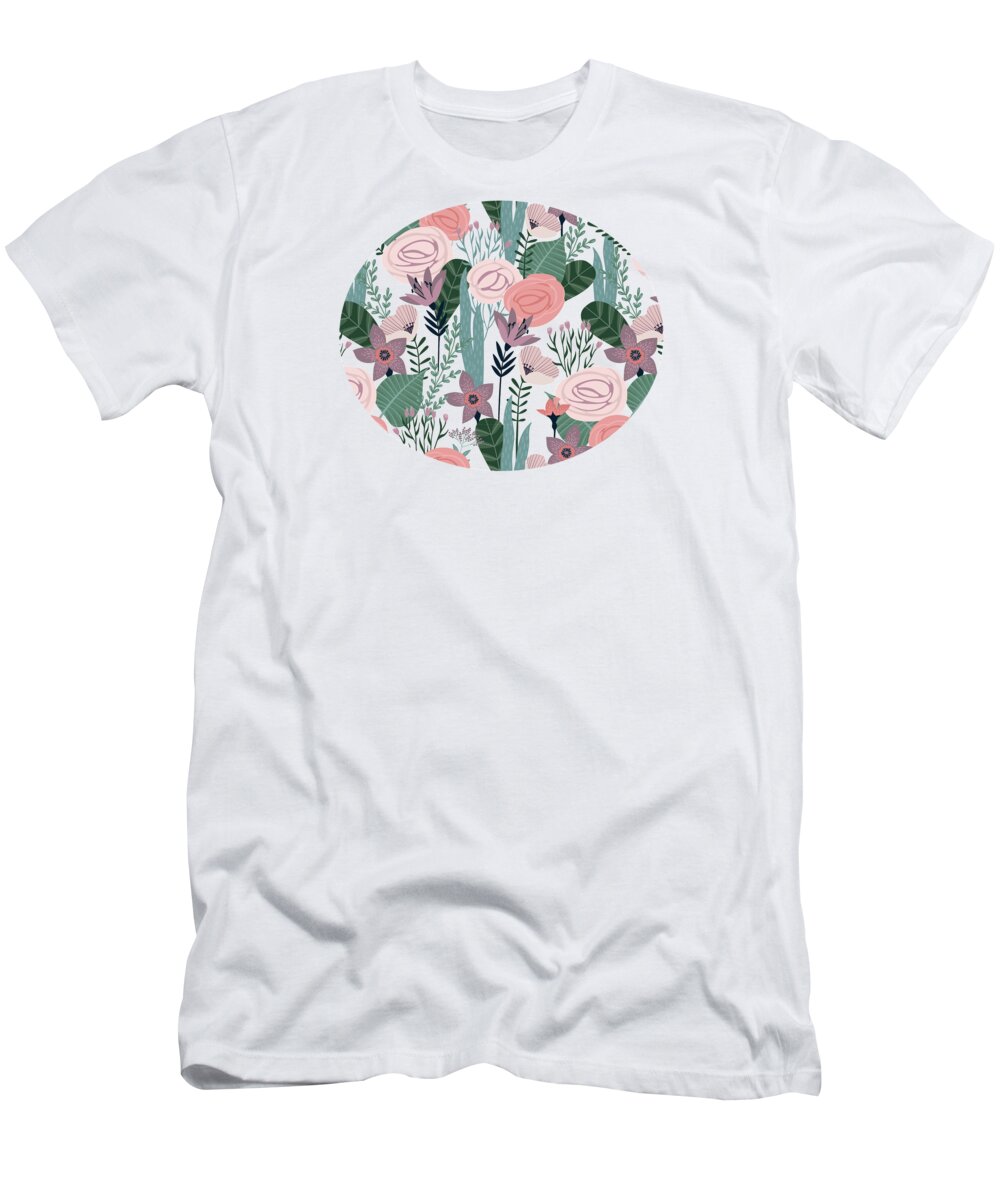 Pattern T-Shirt featuring the painting Lovely Mid Century Rose Garden Flower Pattern by Little Bunny Sunshine