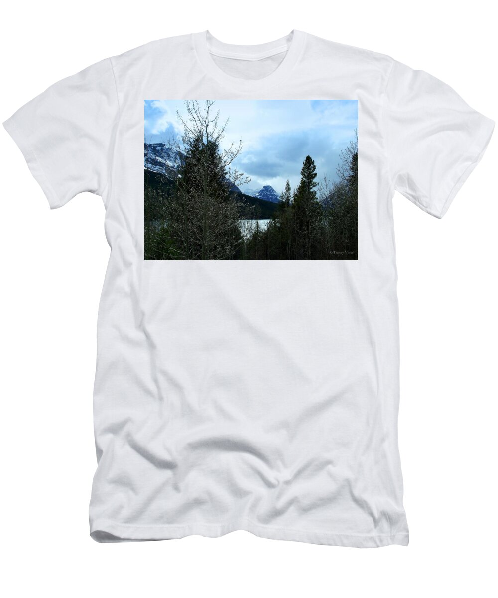 Two Medicine Lake T-Shirt featuring the photograph Lower Two Med Lake Through the Trees by Tracey Vivar