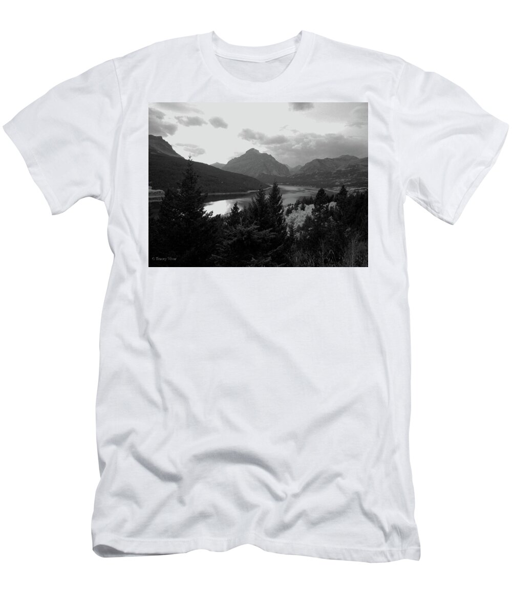 Two Medicine Lake T-Shirt featuring the photograph Lower Two Medicine Lake in Black and White by Tracey Vivar