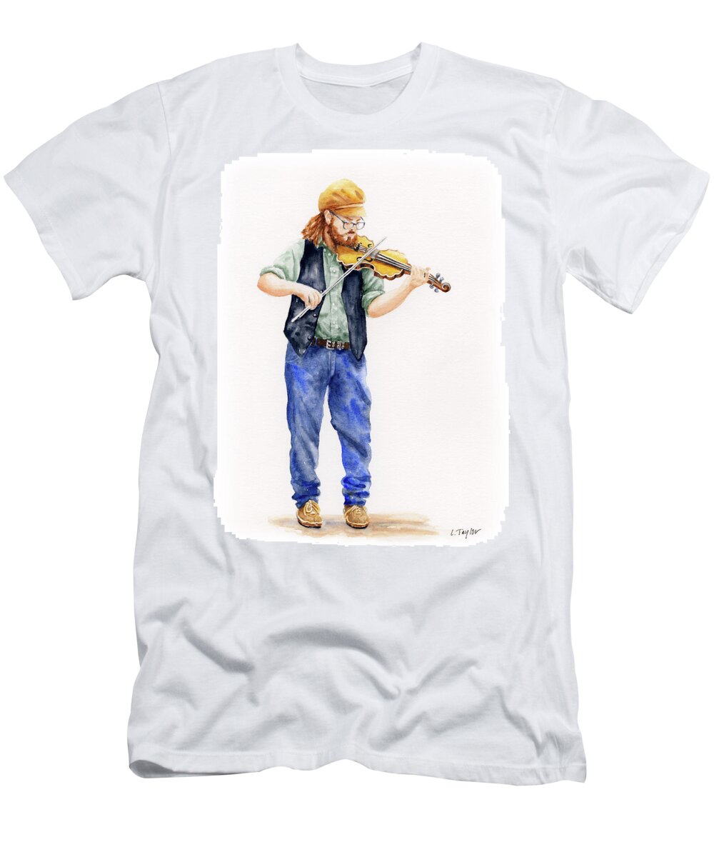 Musician T-Shirt featuring the painting Main Street Minstrel 1 by Lori Taylor