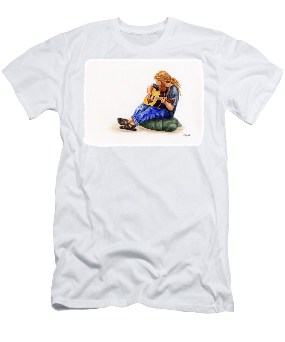 Musician T-Shirt featuring the painting Main Street Minstrel 2 by Lori Taylor