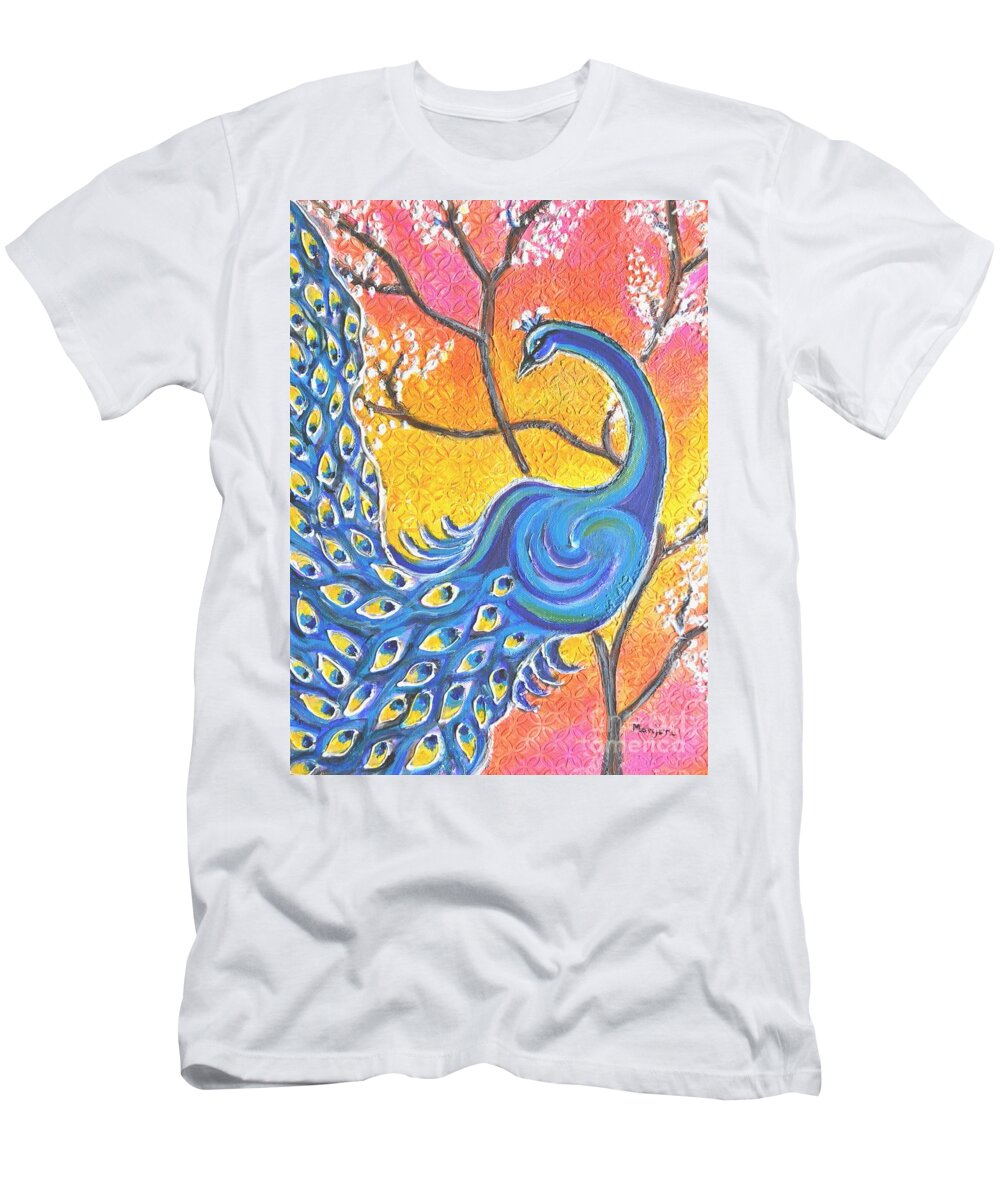 Peacock T-Shirt featuring the painting Majestic Peacock colorful Textured art by Manjiri Kanvinde