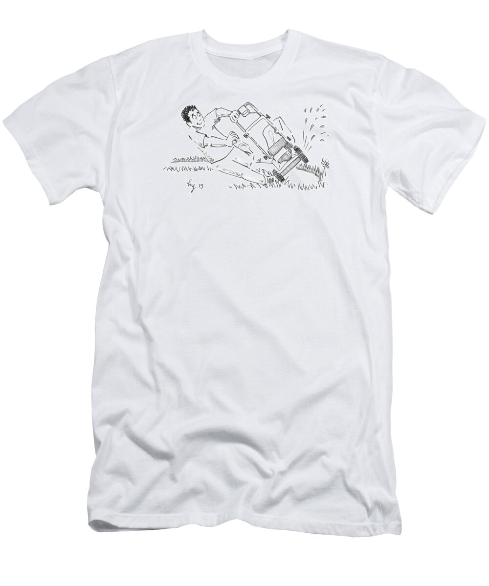 Lawnmower T-Shirt featuring the drawing Man Mowing the Lawn Cartoon - Speed Mower by Mike Jory