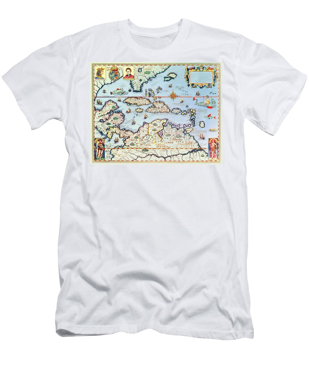 Map T-Shirt featuring the painting Map of the Caribbean islands and the American state of Florida by Theodore de Bry