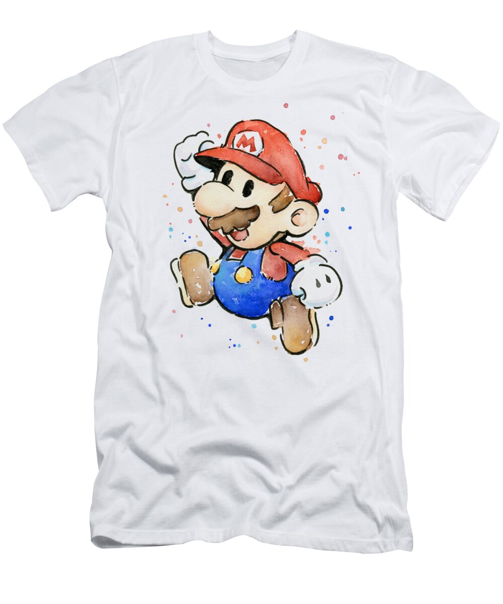 Video Game T-Shirt featuring the painting Mario Watercolor Fan Art by Olga Shvartsur