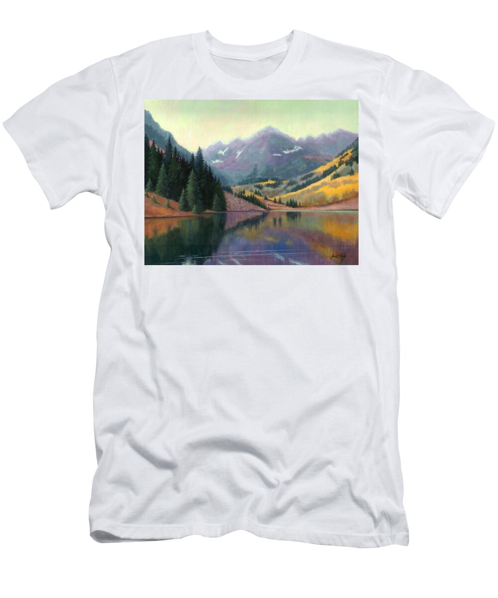 Maroon Bells T-Shirt featuring the painting Maroon Bells in October by Janet King
