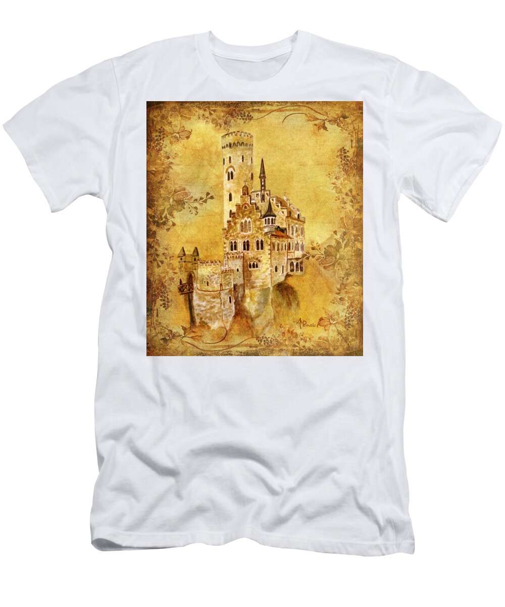 Castles T-Shirt featuring the painting Medieval Golden Castle by Angeles M Pomata